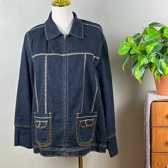 John A Jackets & Blazers - John A Blue Denim Dark Wash Zip Front with Rhinestones Jacket Size 1X